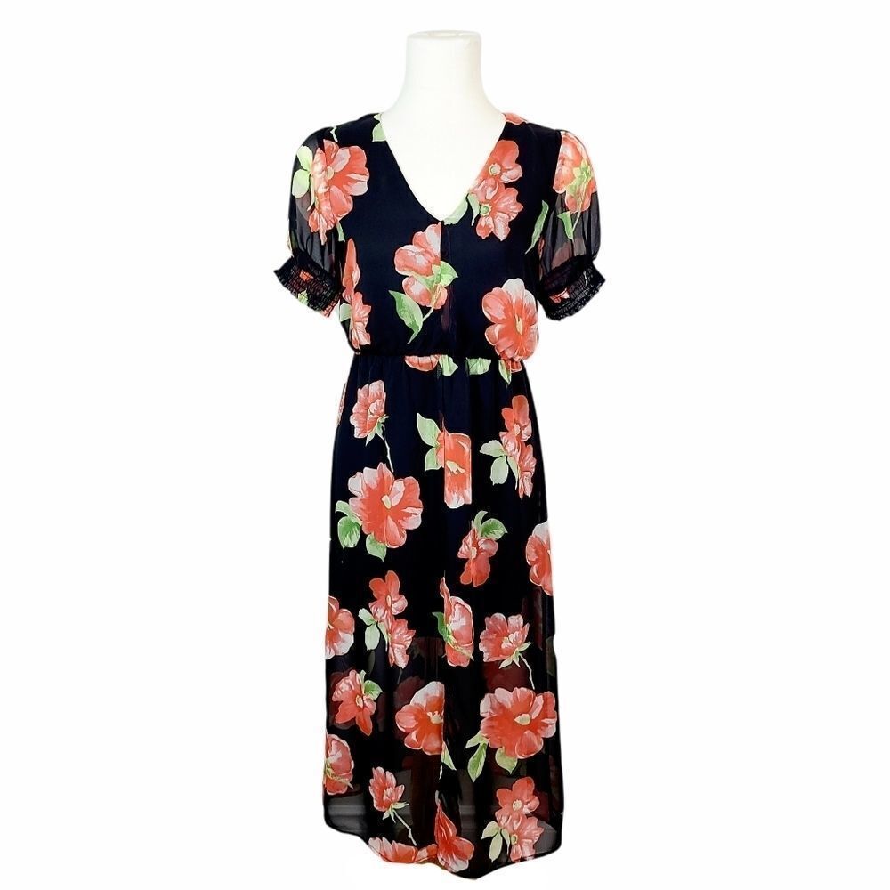 𝅺sienna Sky Black Floral V-Neck Chiffon Midi Dress XS